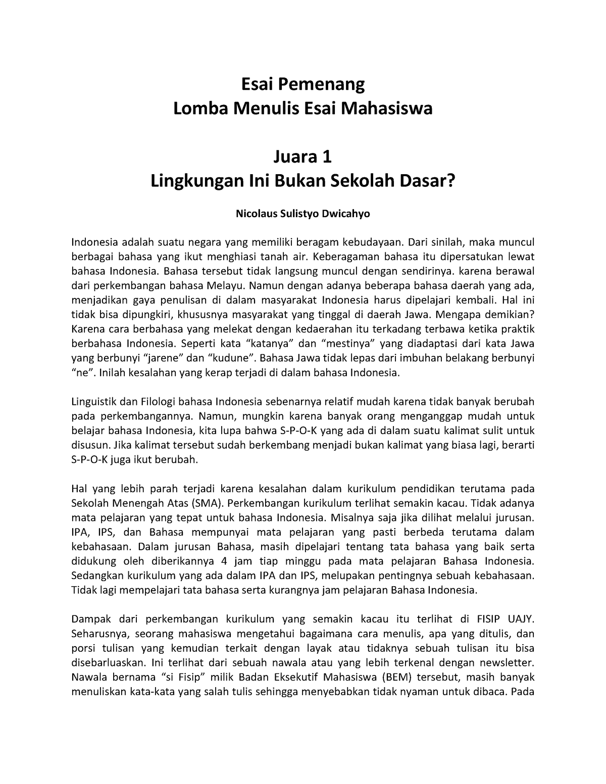 Esai Pemenang Lomba Menulis Esai Mahasis - Esai Pemenang Lomba Menulis ...