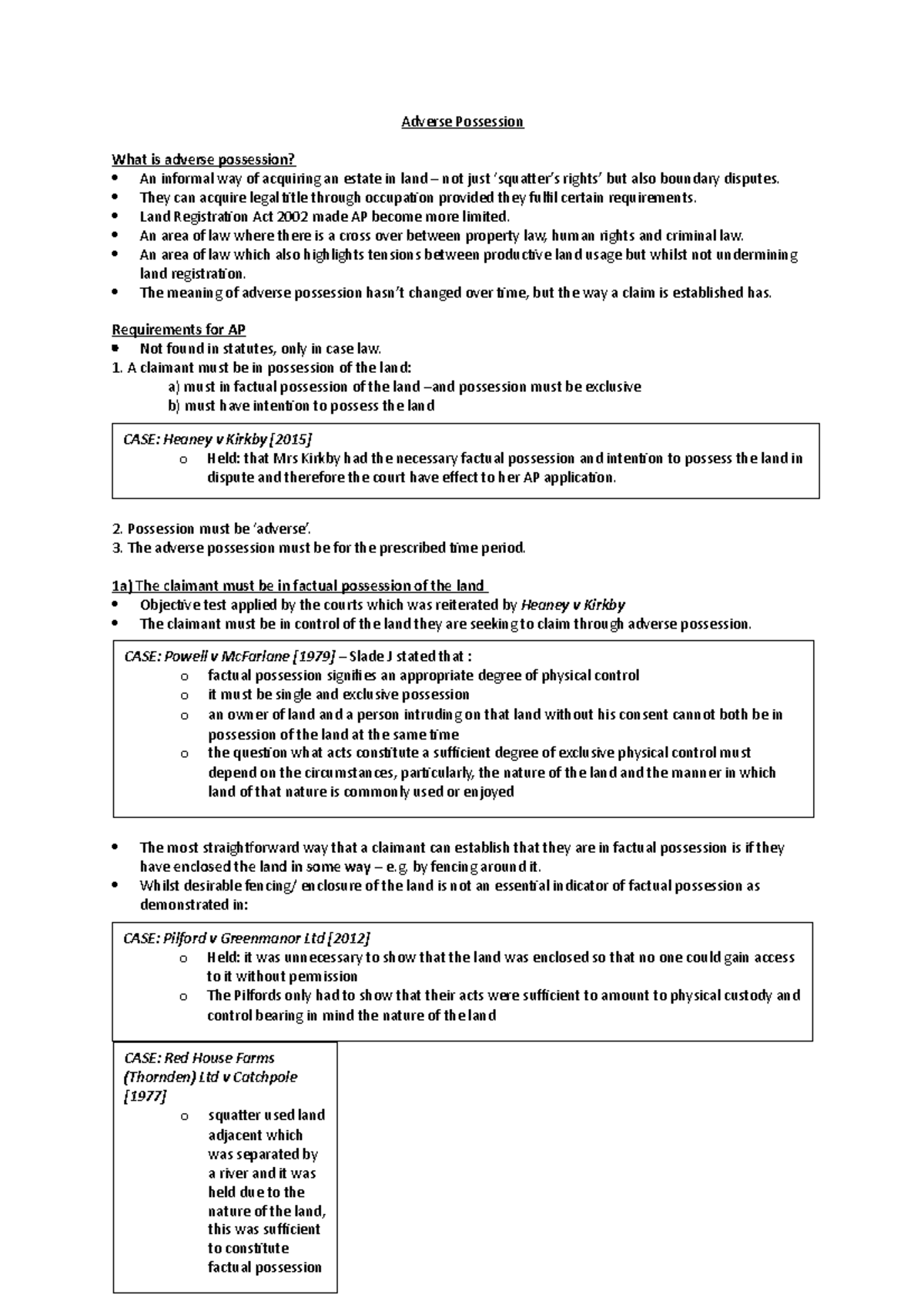 Land law exam revision - Lecture notes 3.8 - Adverse Possession What is ...