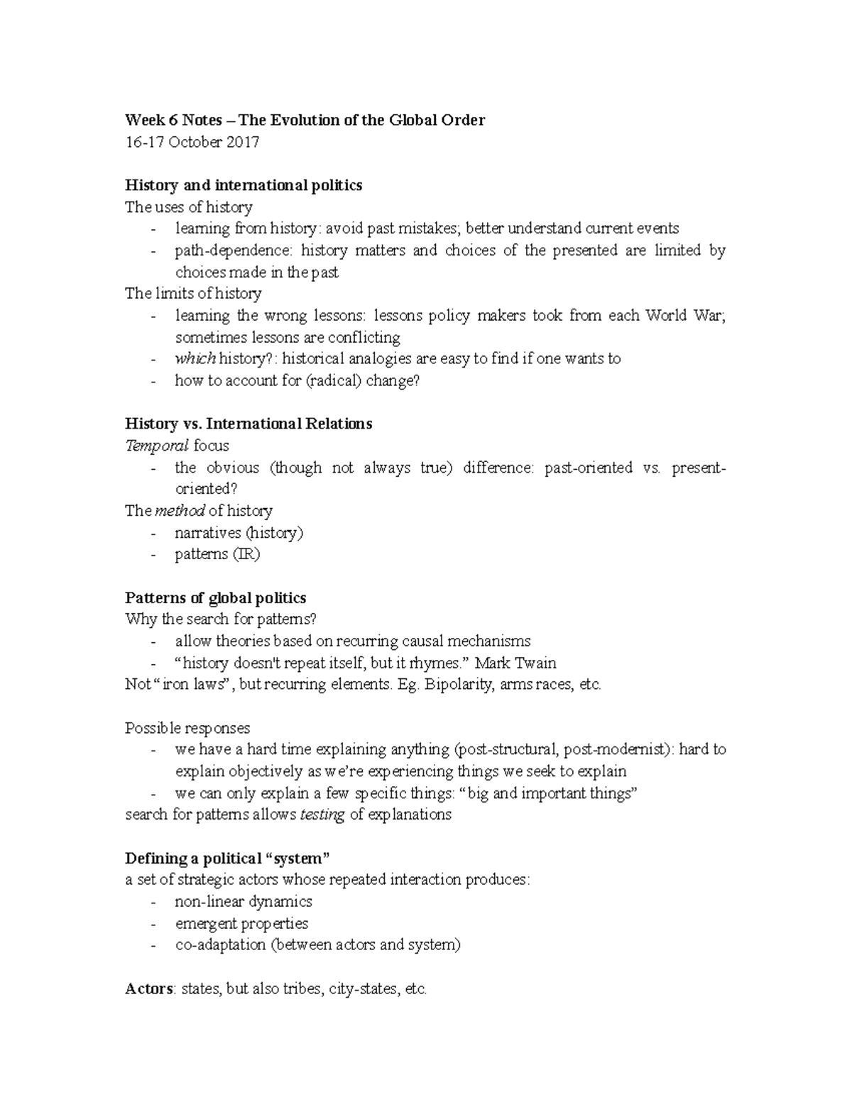 Week 6 - notes - The evolution of the global order - Week 6 Notes – The ...