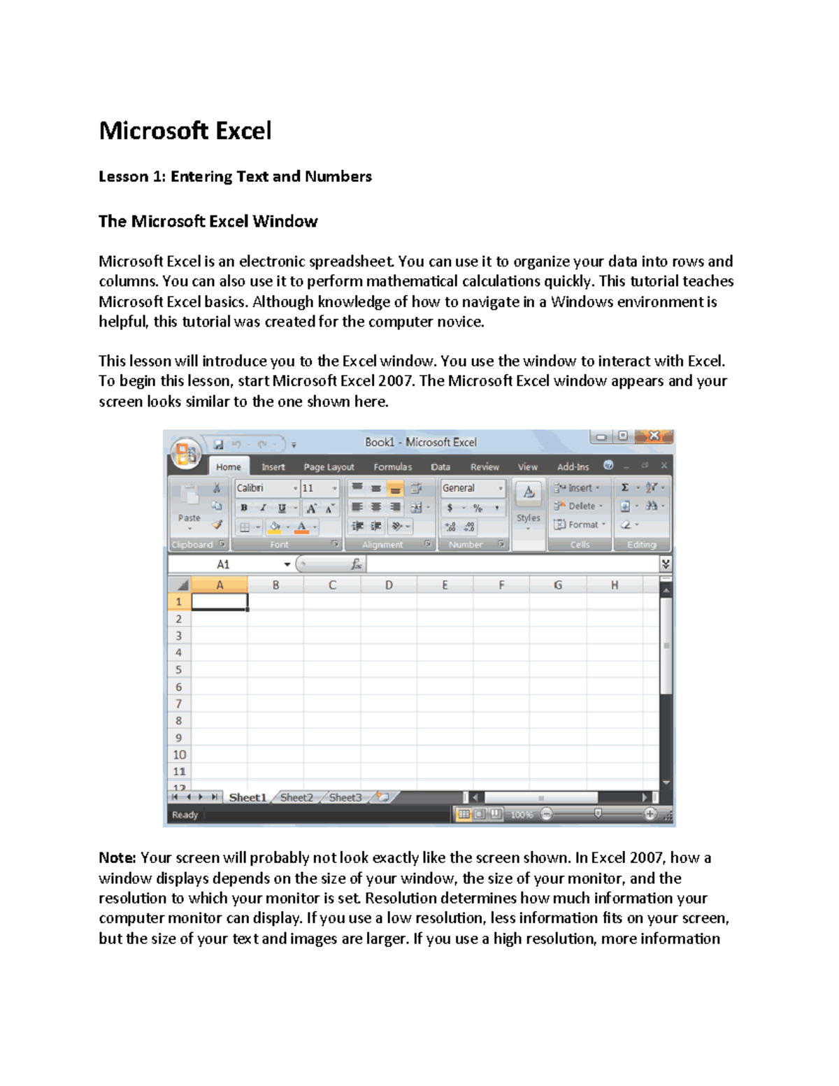 Section 7 -Spreadsheets - Microsoft Excel Lesson 1: Entering Text and ...