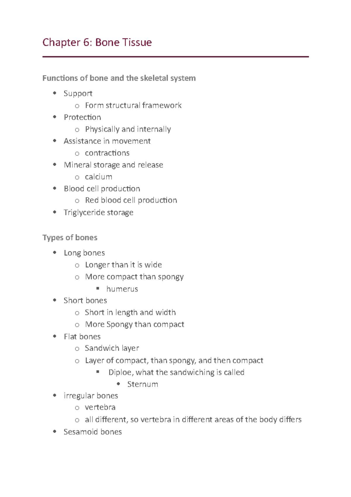 Chapter 6 - Lecture Notes 6 - Chapter 6: Bone Tissue Functions Of Bone ...