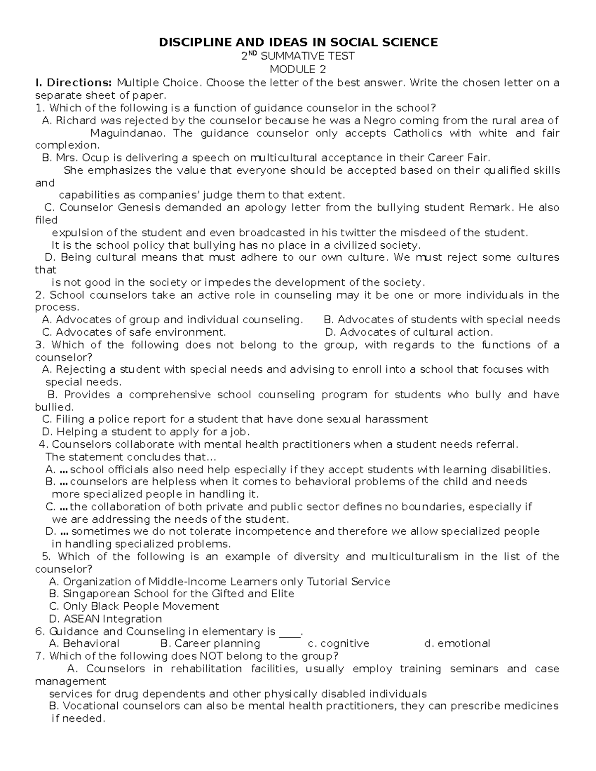 Discipline AND Ideas IN Social Science 2nd summative - DISCIPLINE AND ...