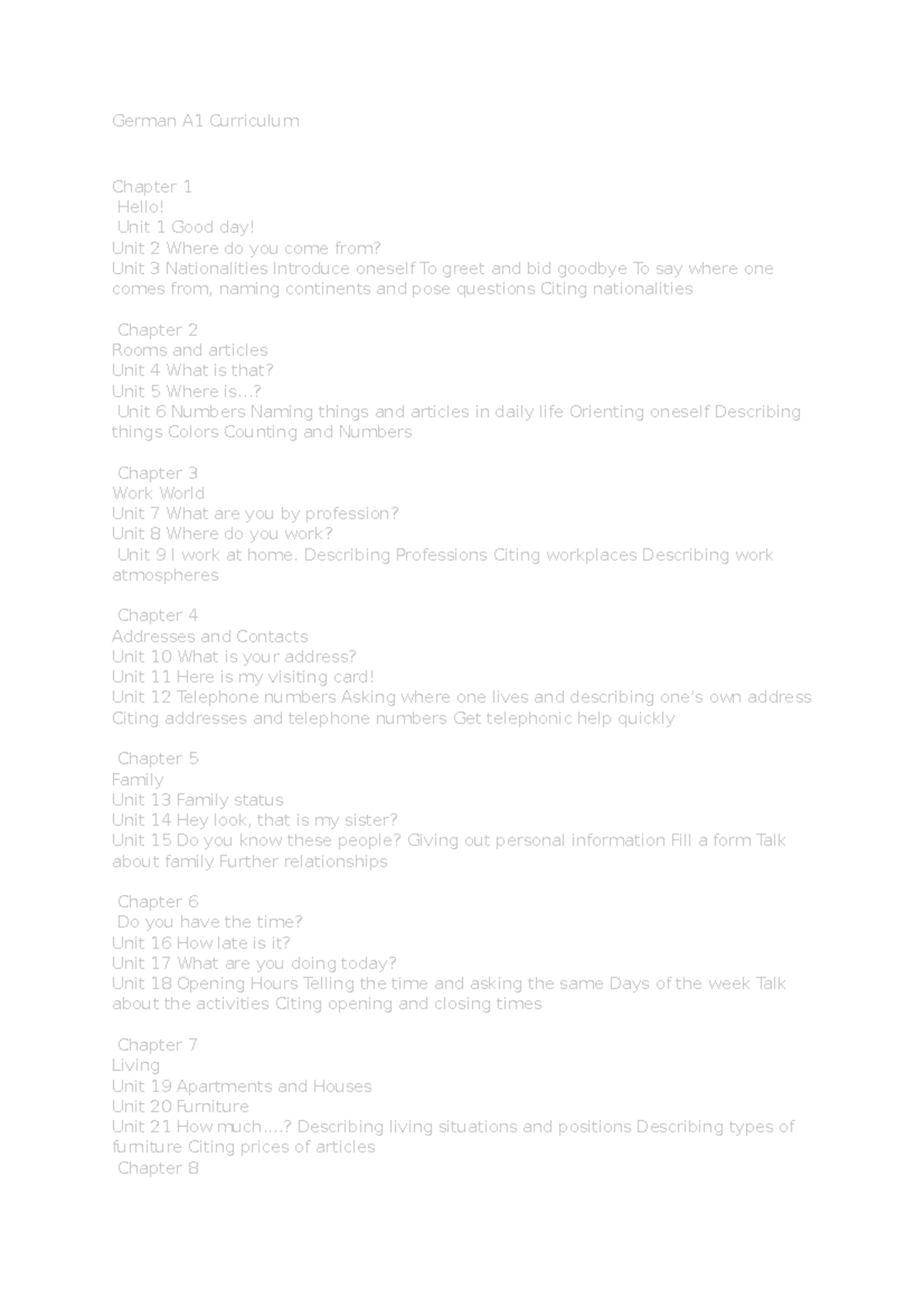 German A1 Curriculum German A1 Curriculum Chapter 1 Hello Unit 1 