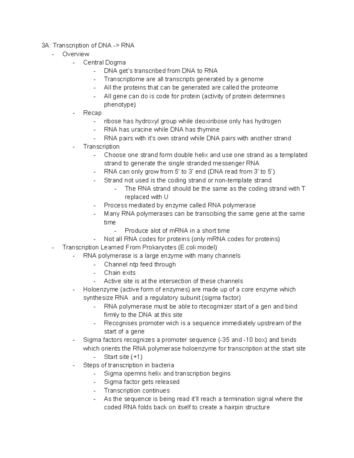 3A Transcription of DNA - RNA - 3A: Transcription of DNA -> RNA ...