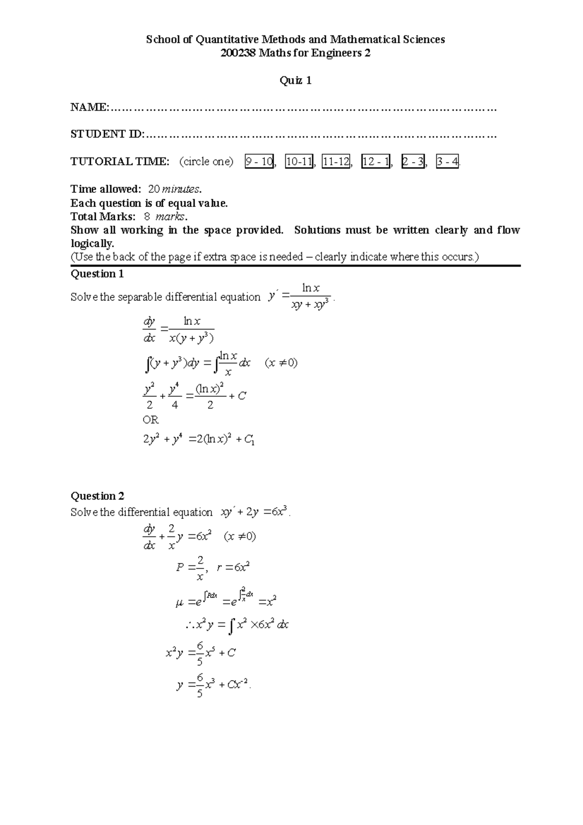 Quiz 1 a solutions - Math - School of Quantitative Methods and ...