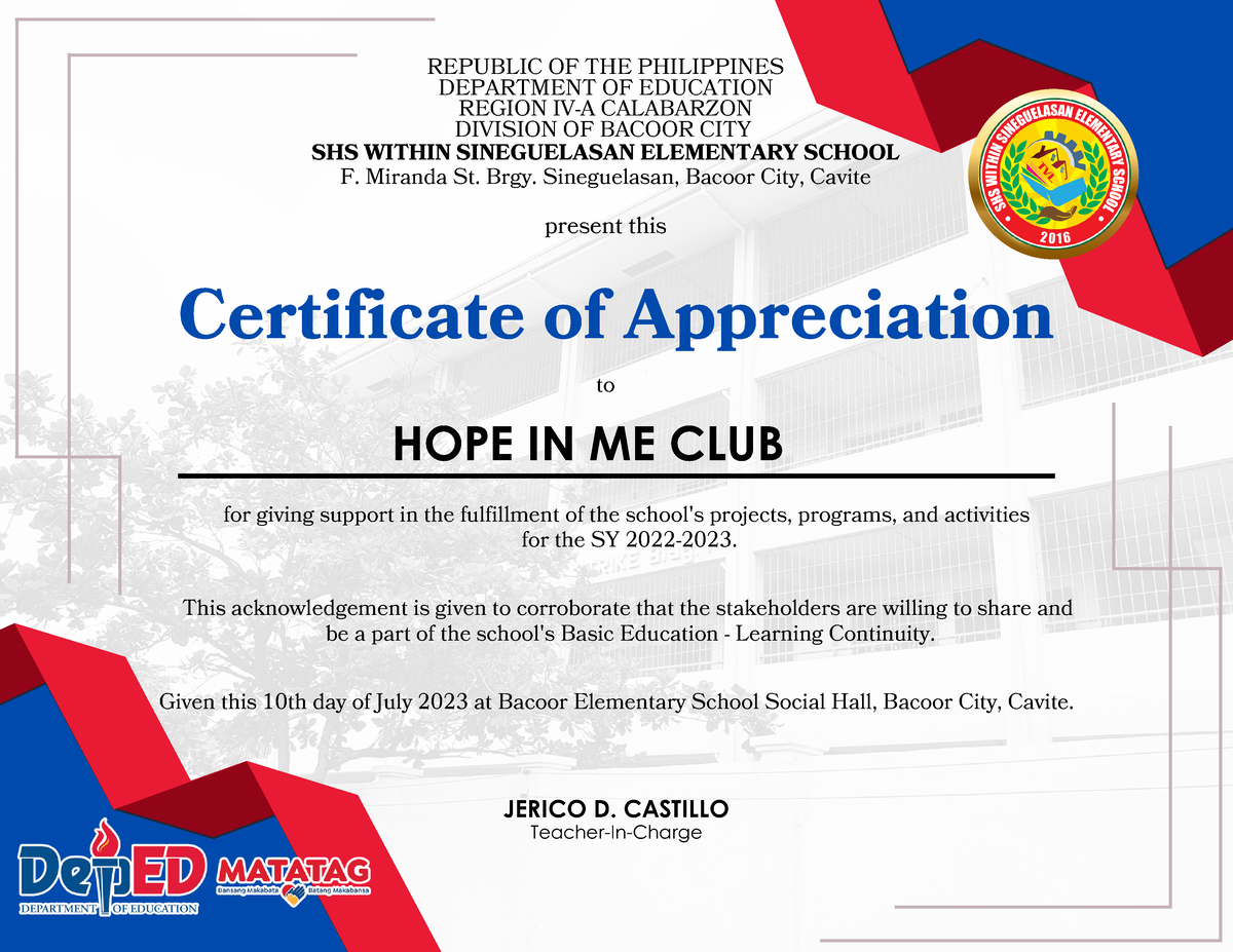 Recognition- Appreciation Certificate - DEPARTMENT OF EDUCATION REGION ...