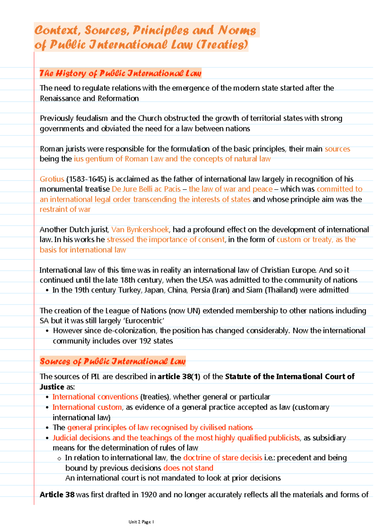 PUB321 Unit 2 notes - The History of Public International Law The need ...