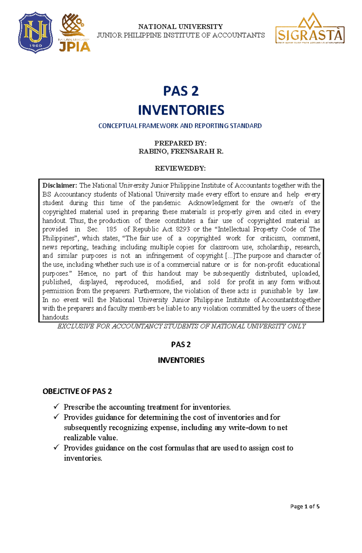 CFAS PAS 2 Inventories - JUNIOR PHILIPPINE INSTITUTE OF ACCOUNTANTS PAS ...