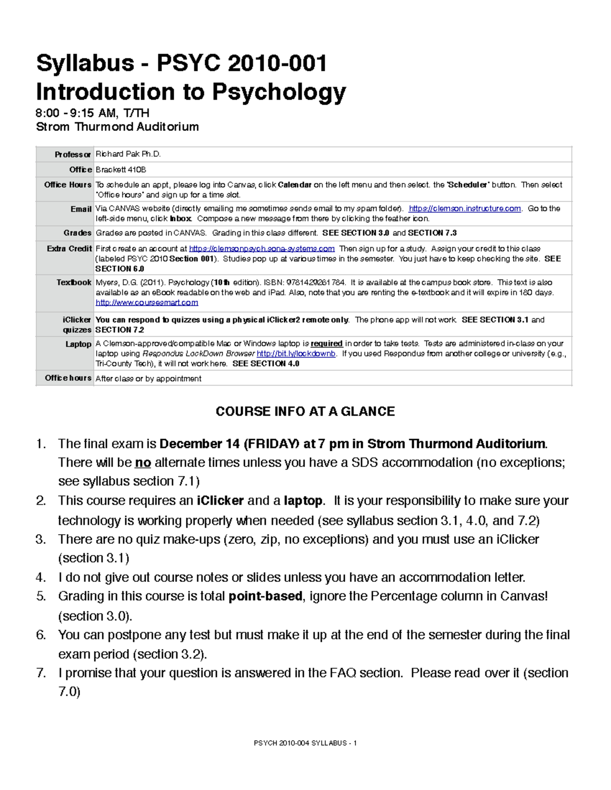 PSYCH 201 0 Fall2018 - Exam 1 - Syllabus - PSYC 2010- Introduction To ...