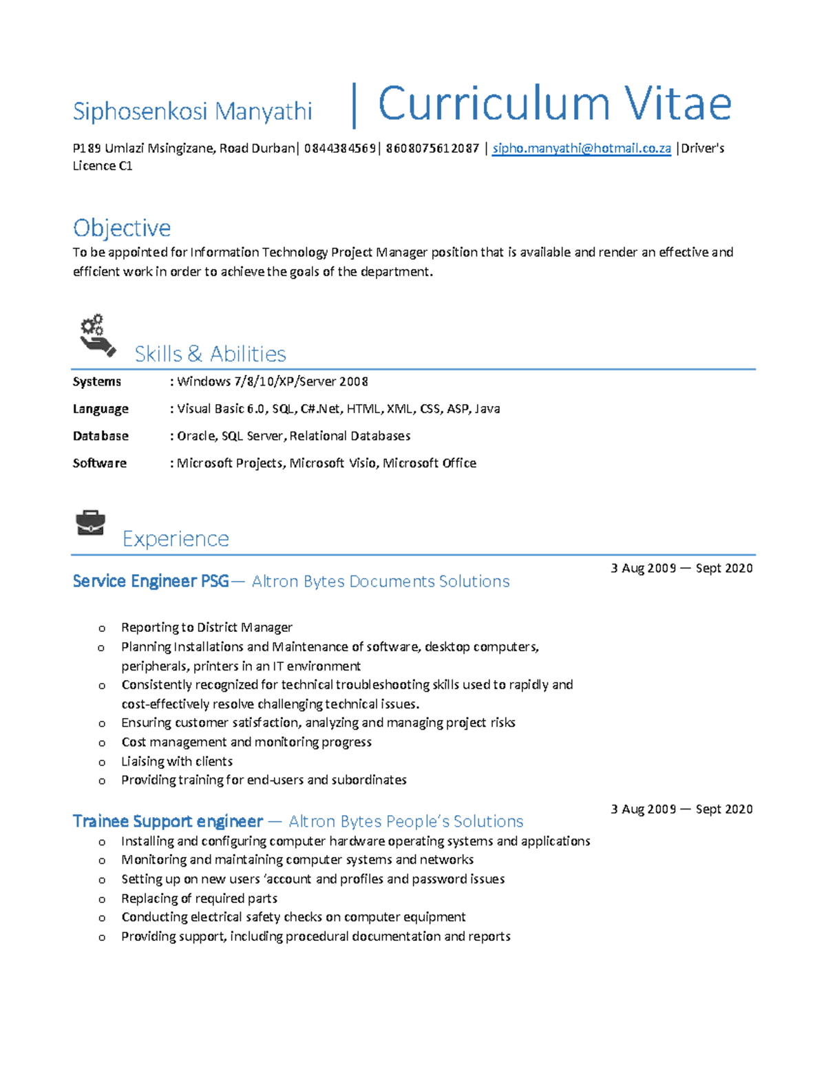 Sipho Manyathi's resume - Siphosenkosi Manyathi | Curriculum Vitae P189 ...