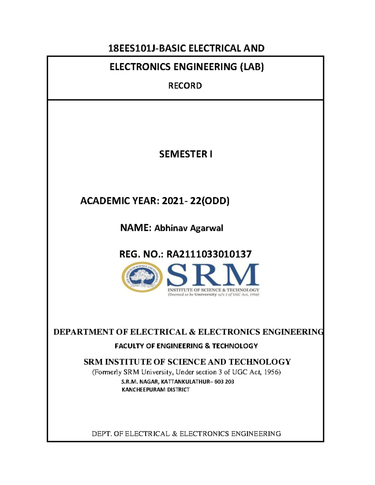 EXPERIMENT 5 BEEE - 18EES101J-BASIC ELECTRICAL AND ELECTRONICS ...