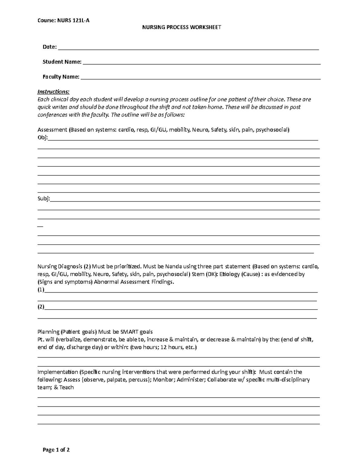 Nursing Process Worksheet template - Course: NURS 121L-A NURSING ...