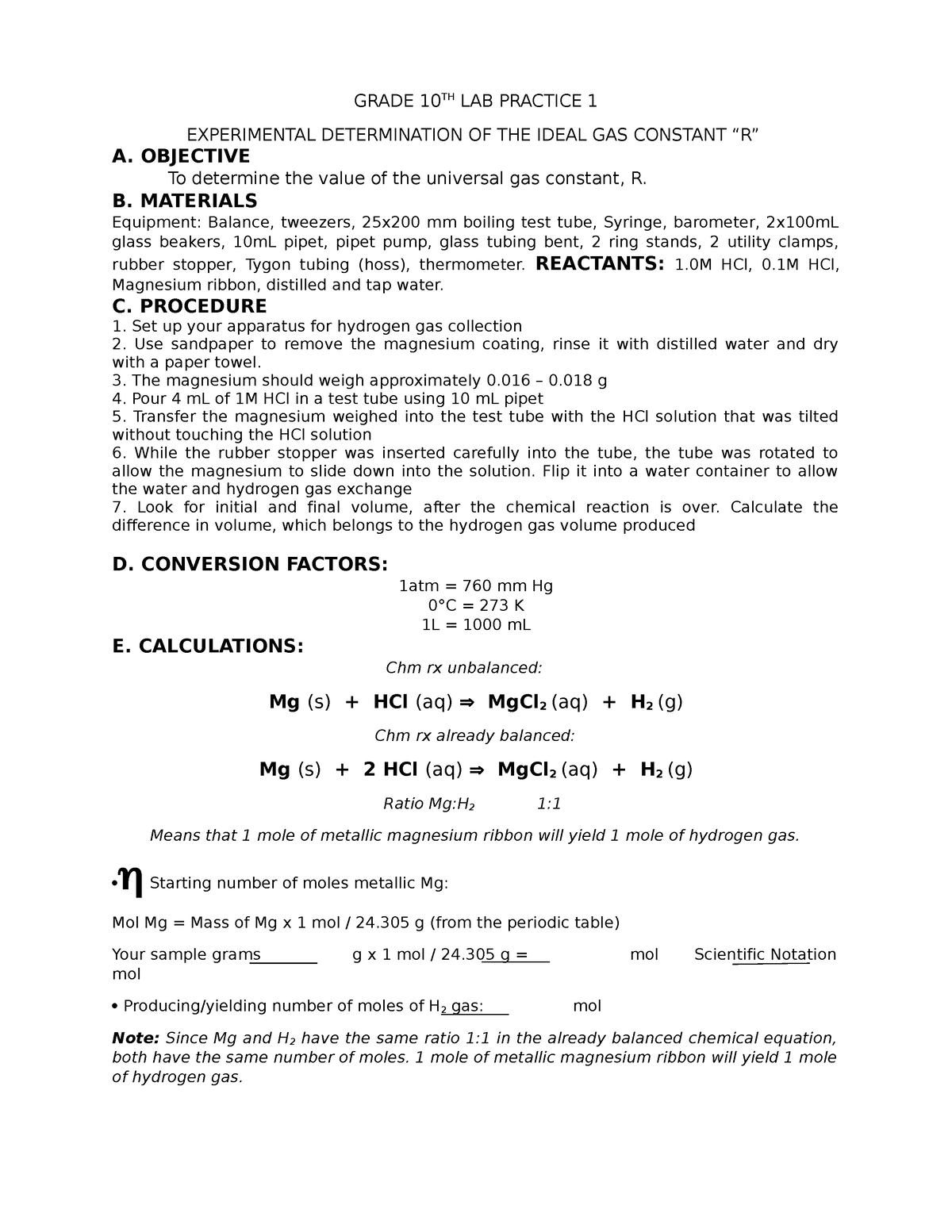 Lab Practice 1 Ideal Gas Constant R Worksheet Grade 10th Lab Practice 1 Experimental