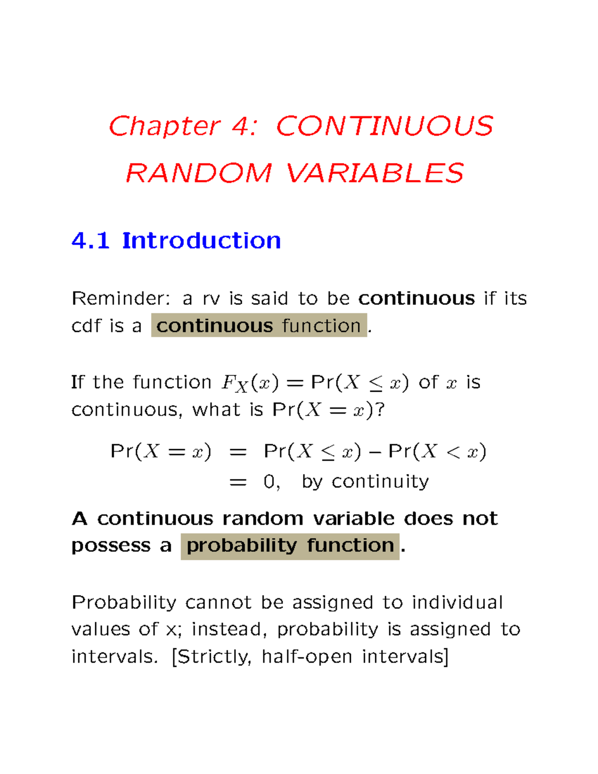 Lecture notes, lecture 4 - Chapter 4: CONTINUOUS RANDOM VARIABLES 4 ...