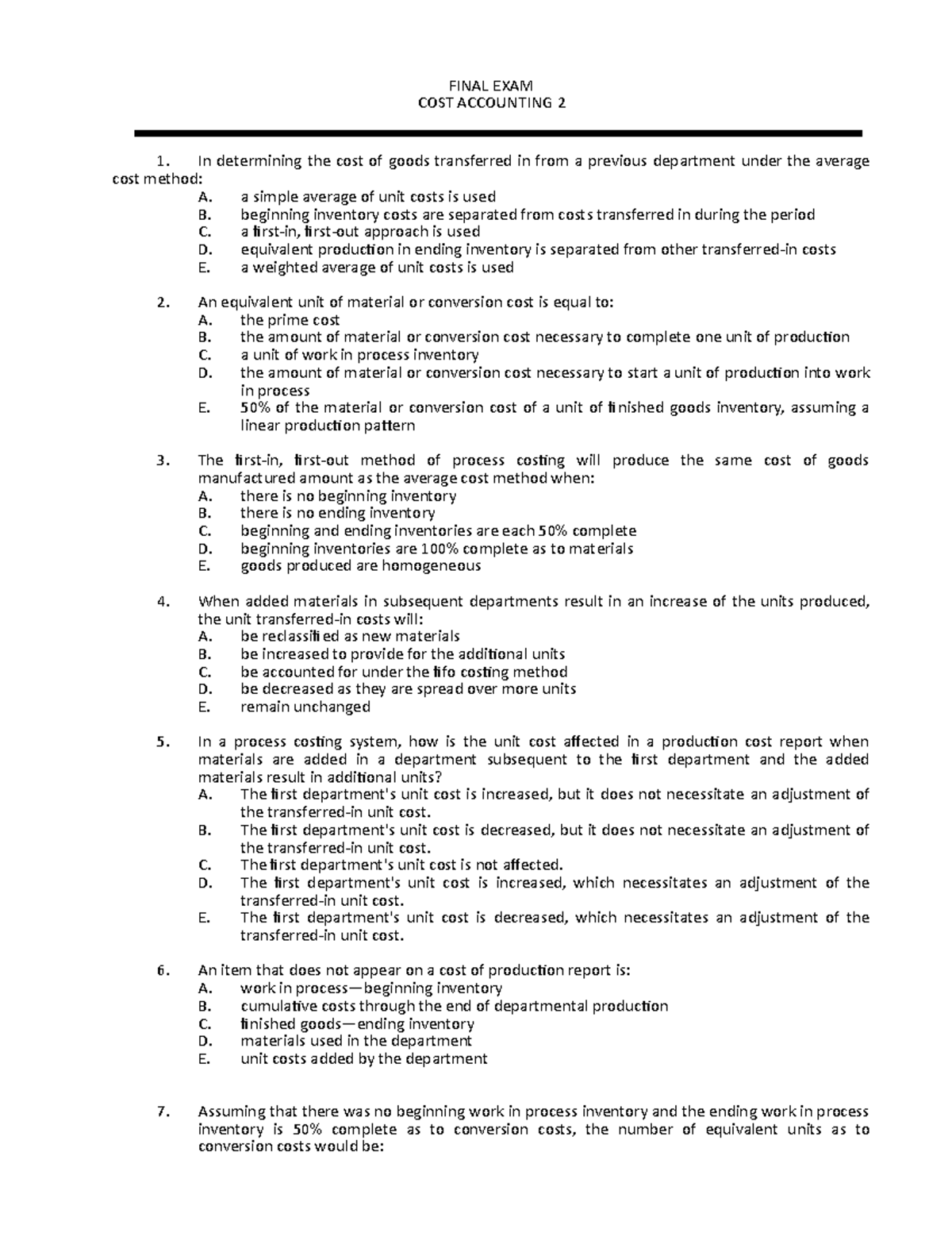 Cost 2 Final Exam - just a note - FINAL EXAM COST ACCOUNTING 2 In ...