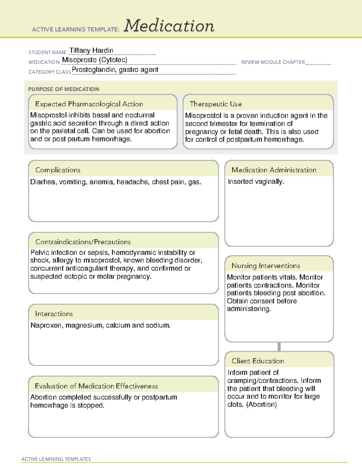 Misoprostol - drug card - ACTIVE LEARNING TEMPLATES Medication STUDENT ...