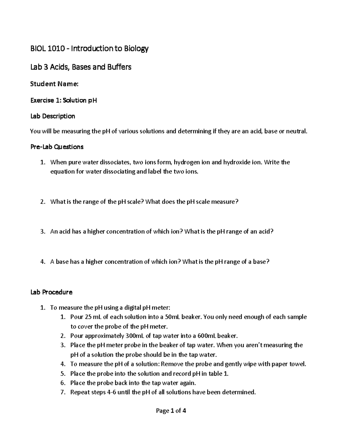 BIOL 1010 Lab 3 - lab 3 - BIOL 1010 - Introduction to Biology Lab 3 ...