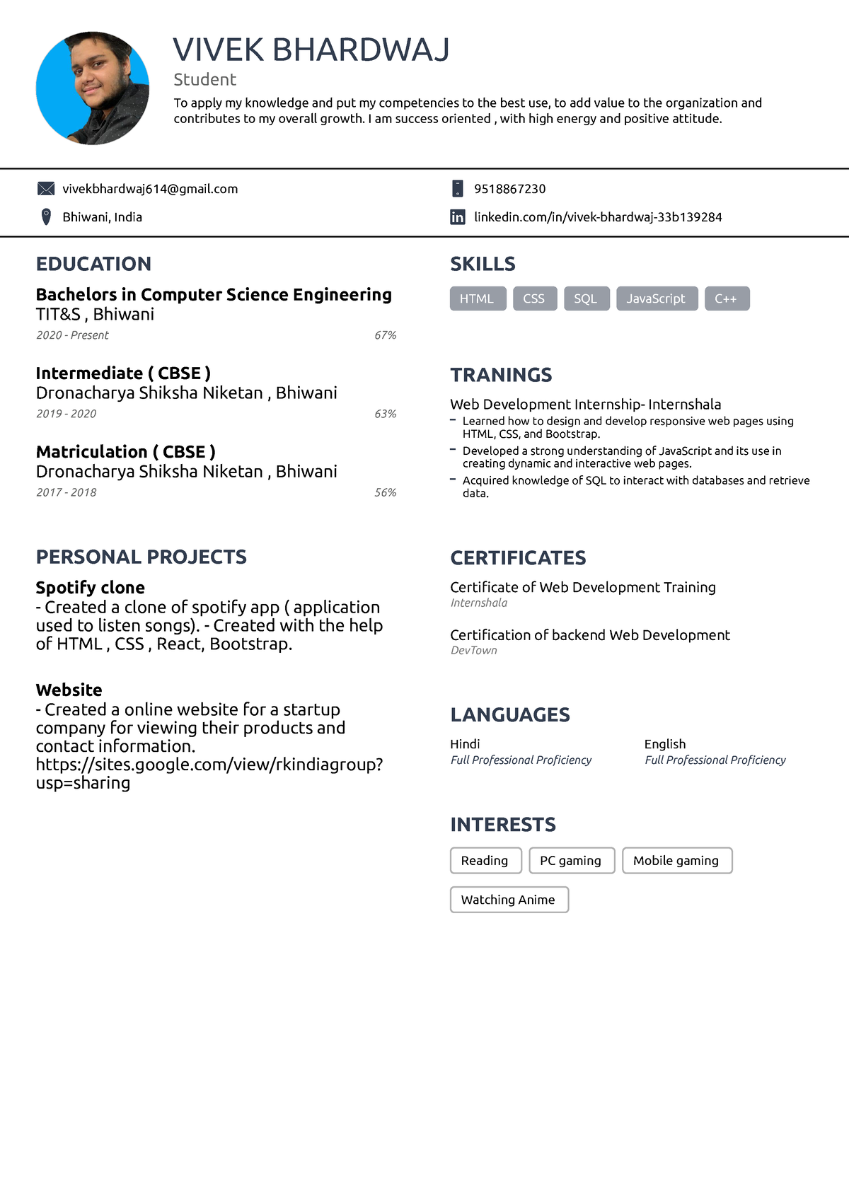 Vivek's Resume - VIVEK BHARDWAJ Student To apply my knowledge and put ...