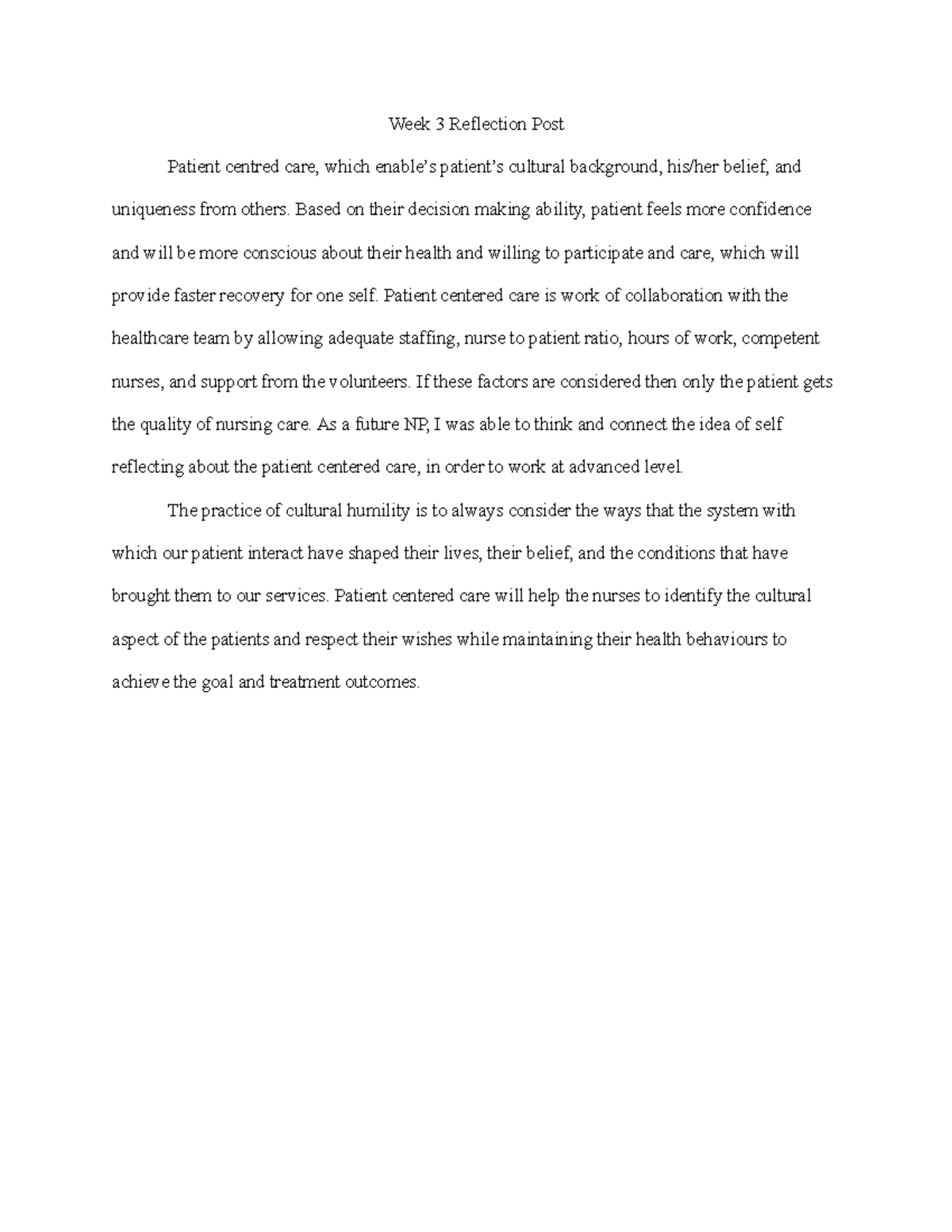 Week 3 Reflection Post - Week 3 Reflection Post Patient centred care ...