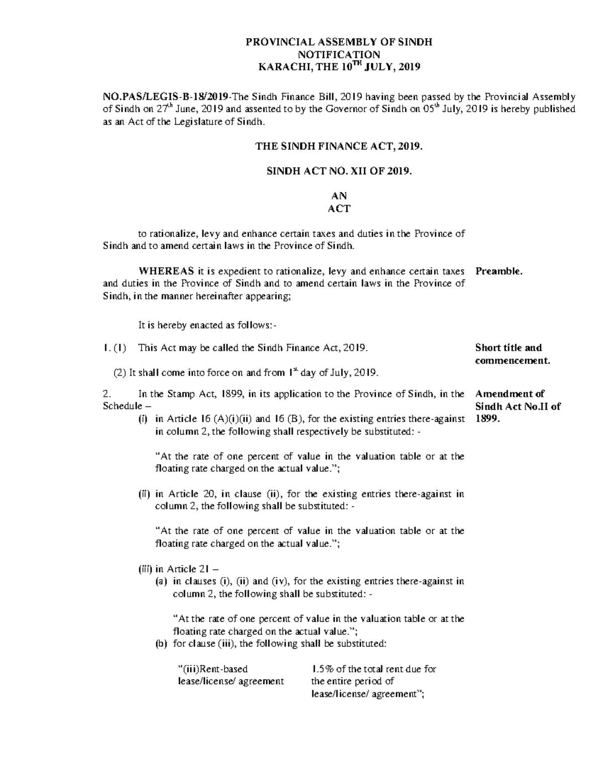 Finance Act 2019 SIndh - PROVINCIAL ASSEMBLY OF SINDH NOTIFICATION ...