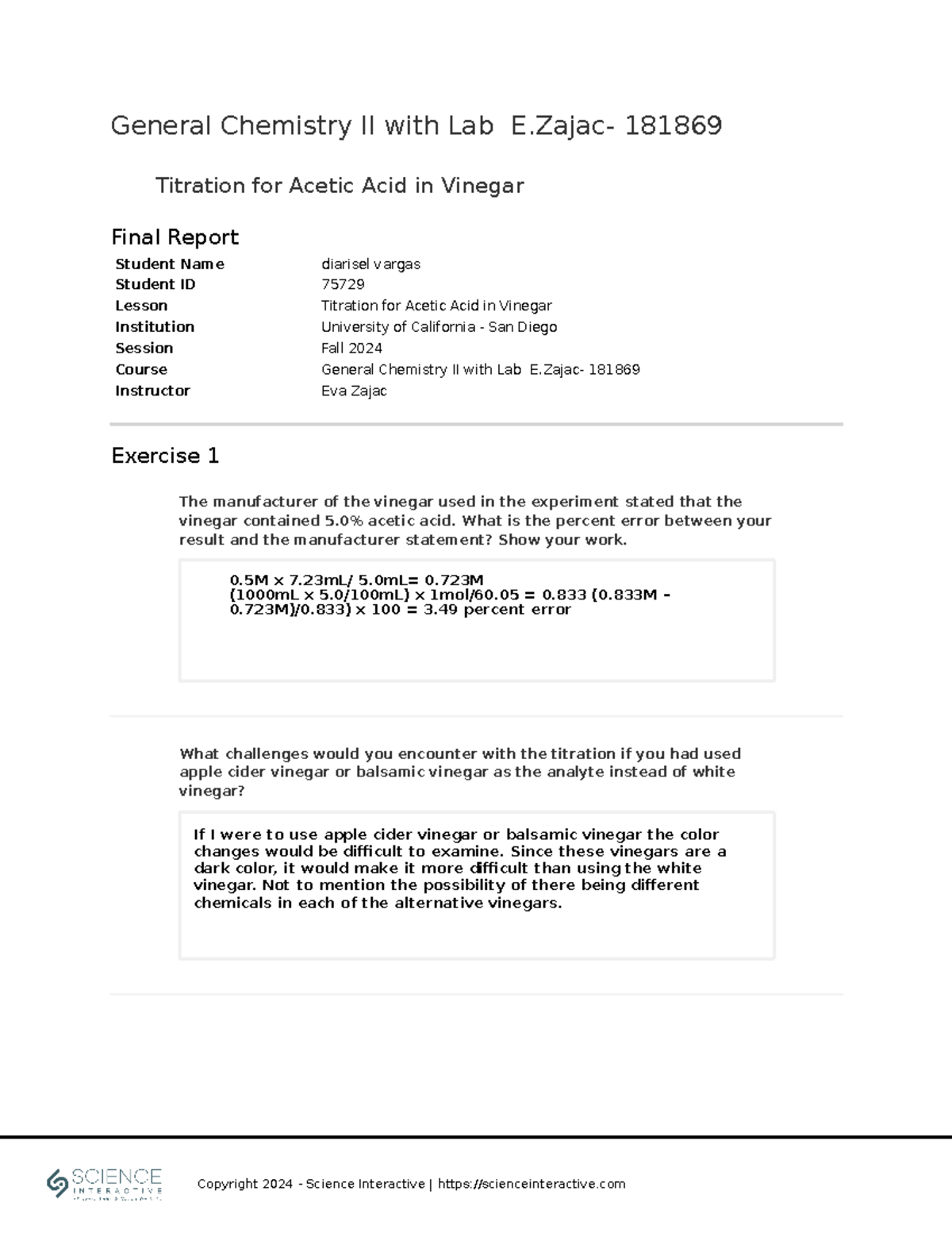 General Chemistry IIwith Lab EZajac 181869 Titrationfor Acetic Acidin ...