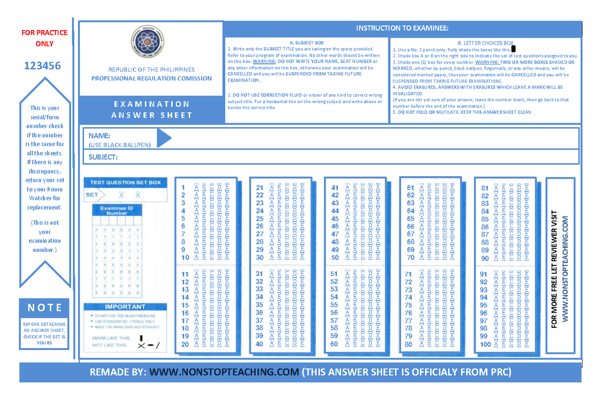 Scantron- Sheet-for-LET-Version-2.0 - REPUBLIC OF THE PHILIPPINES PROFESSIONAL REGULATION ...