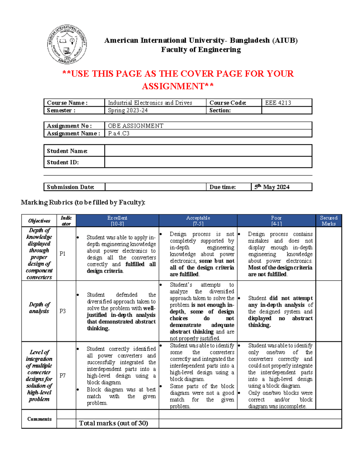 IED OBE Assignment-Spring 23-24 - American International University ...