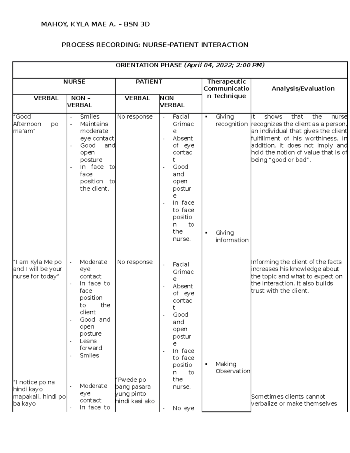 Mahoy KYLA MAE NPI Transcribe - PROCESS RECORDING: NURSE-PATIENT ...