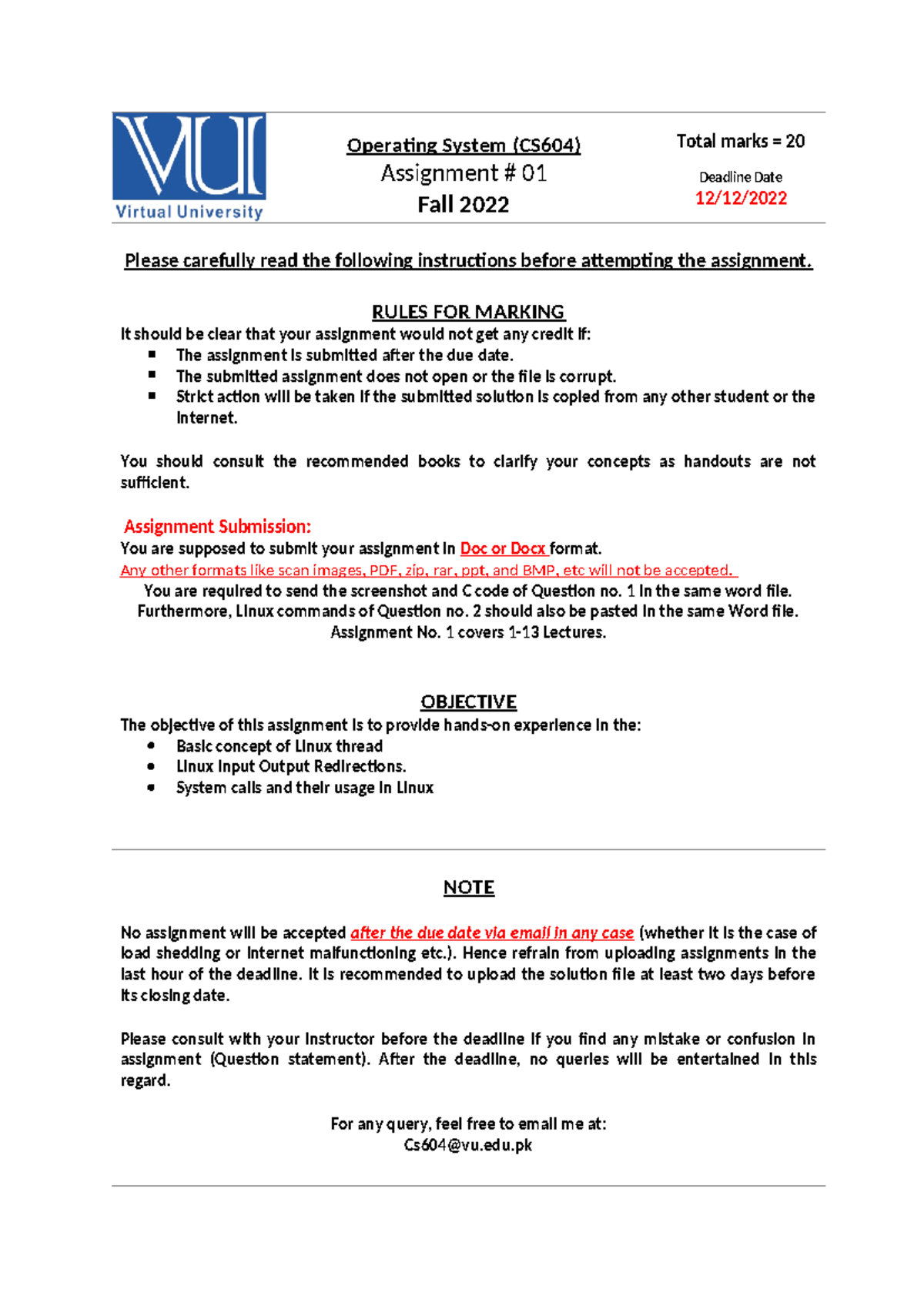 Fall 2022 CS604 1 - good - Operating System (CS 604 ) Assignment # 01 ...