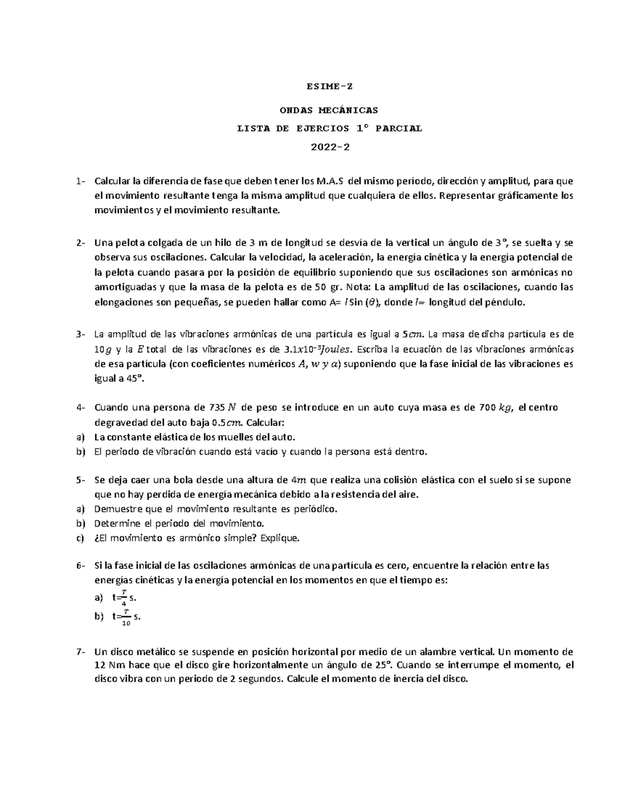 Ondas Guia 1º - ESIME-Z ONDAS MEC¡NICAS LISTA DE EJERCIOS 1∫ PARCIAL ...