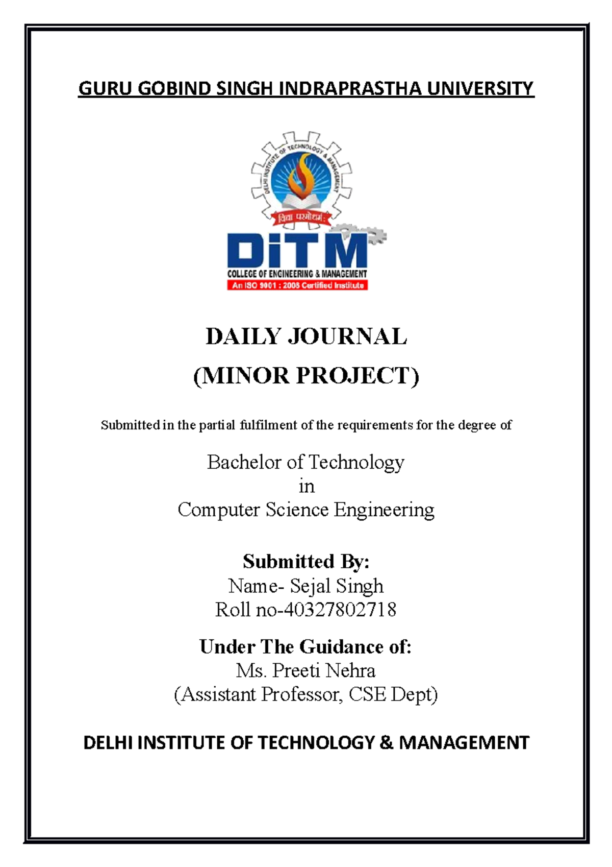 Minor Project Report - GURU GOBIND SINGH INDRAPRASTHA UNIVERSITY DAILY ...