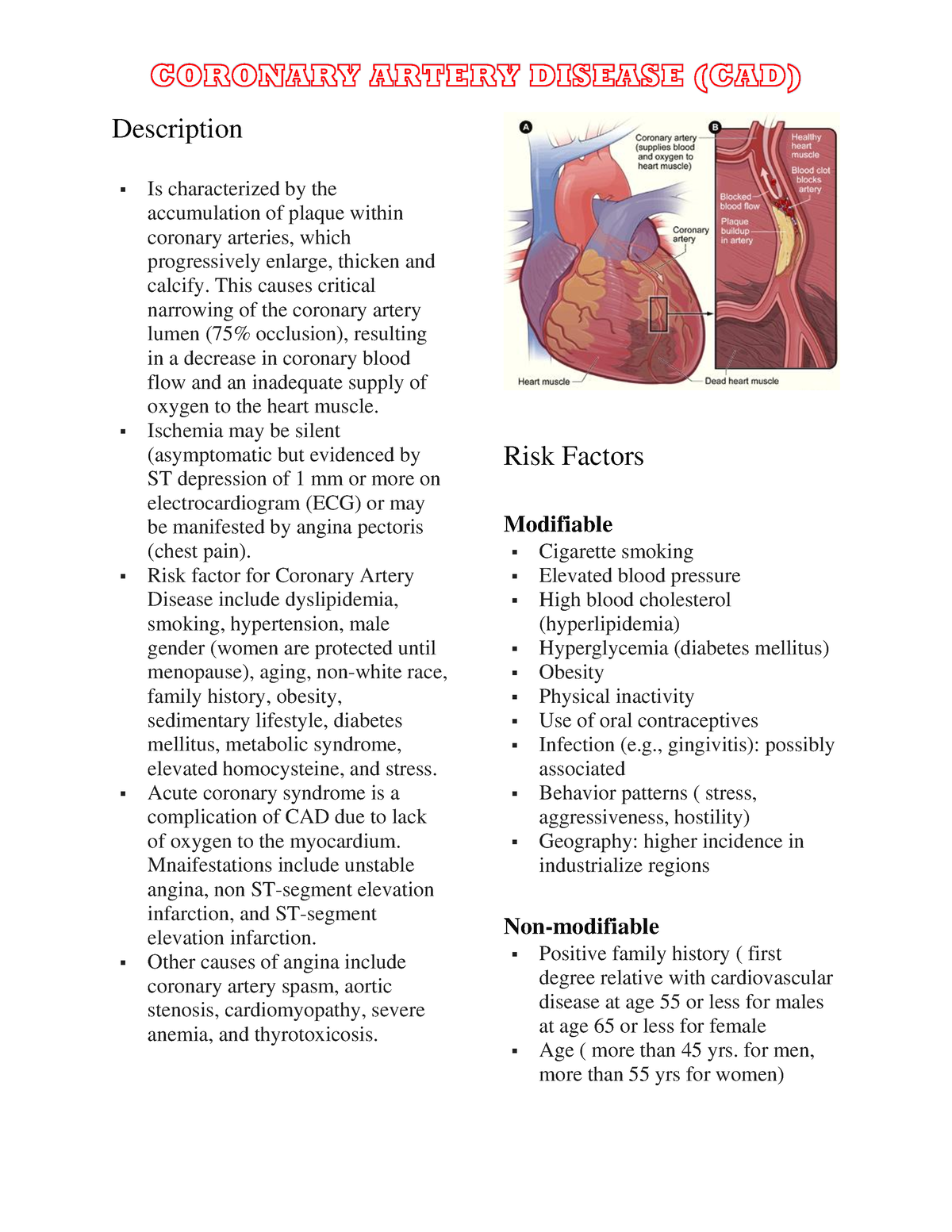 Coronary Artery Disease (CAD) - Nursing - Studocu