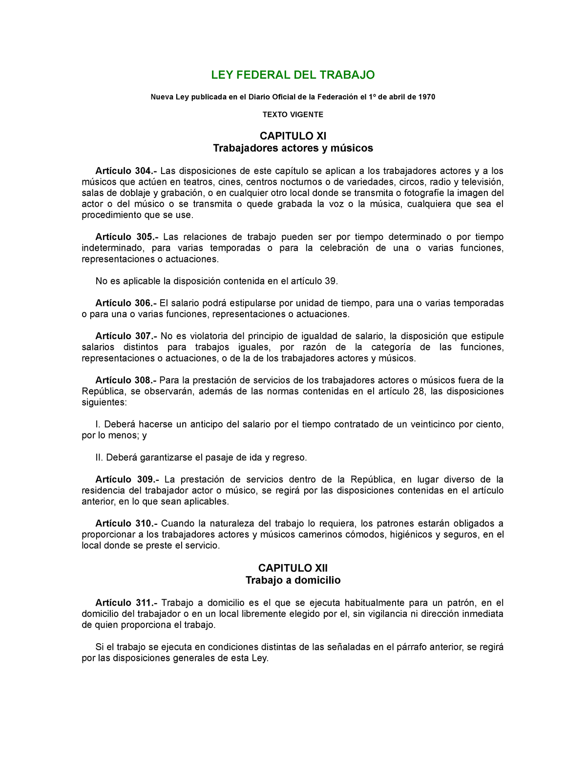 LEY Federal DEL Trabajo Titulo VI CAP XI y XIV LEY FEDERAL DEL