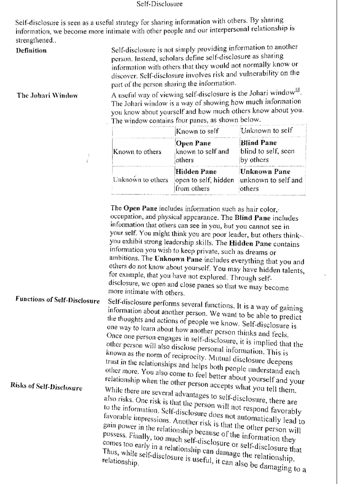 Self Disclosure - study matarial - Communicaton - Studocu