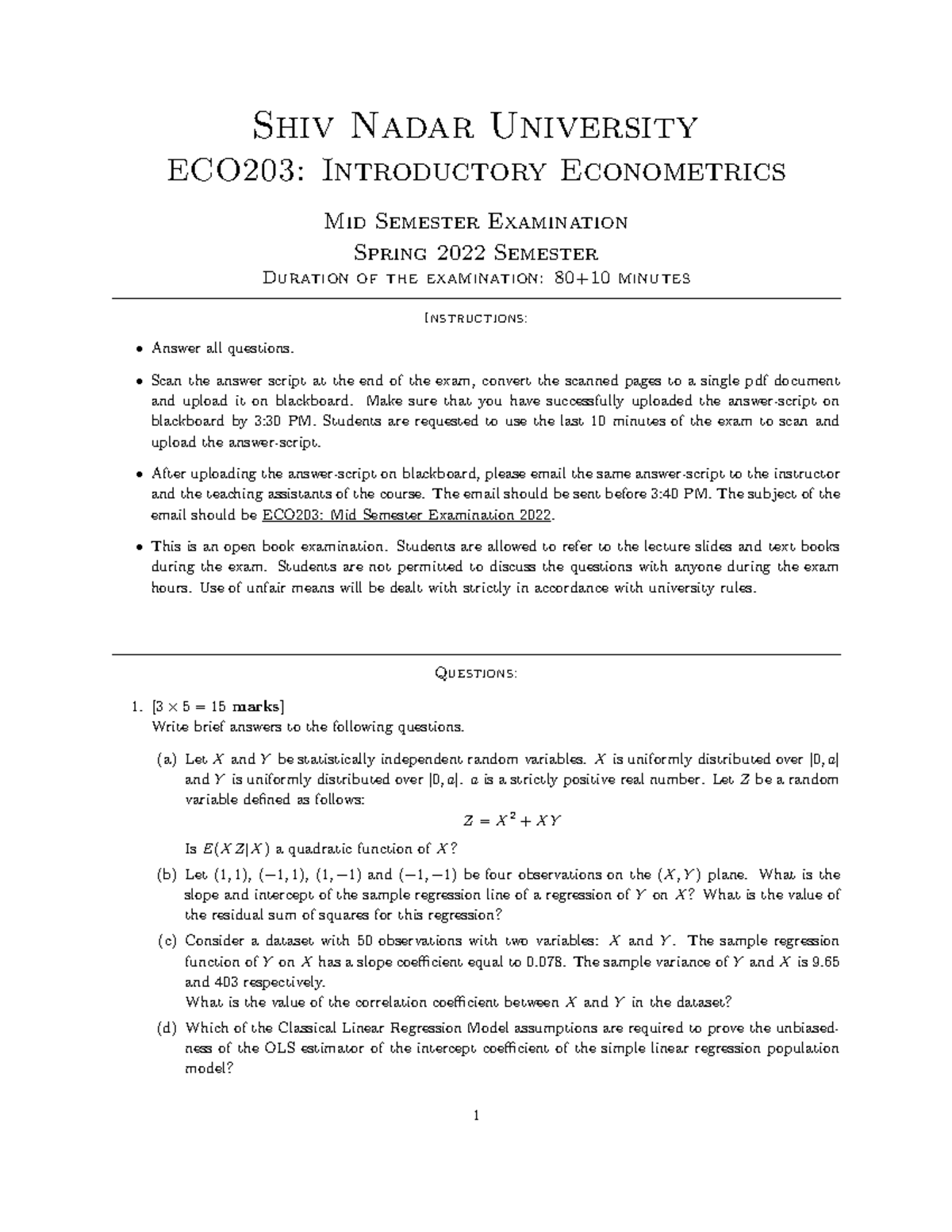 Mid Semester Exam 2022 Shiv Nadar University Eco203 Introductory Econometrics Mid Semester 3191