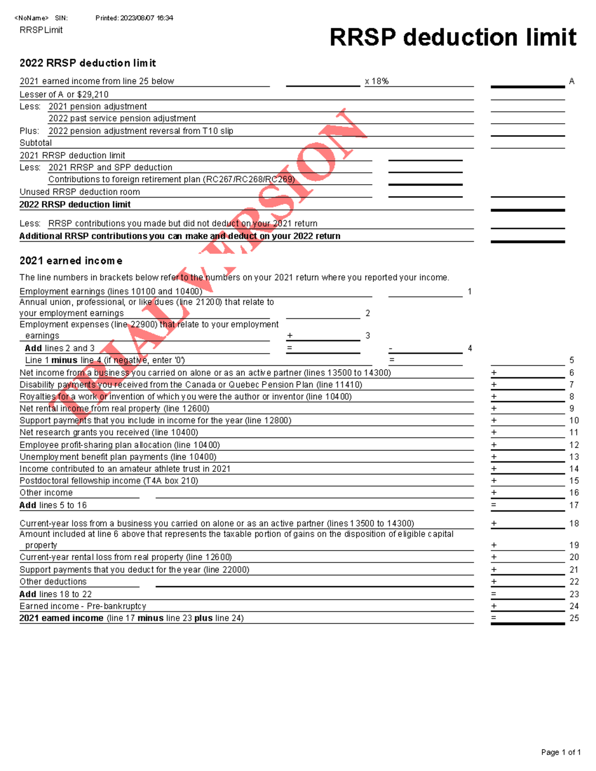 RRSp - RRSp - SIN: Printed: 2023/08/07 16: RRSP deduction limit ...