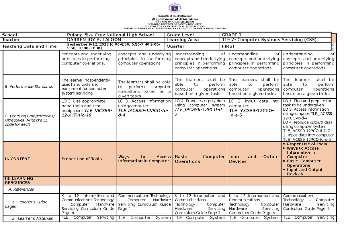 CSS WEEK 3 DLL Final - Daily Lesson Log - I. OBJECTIVES Monday Tuesday ...