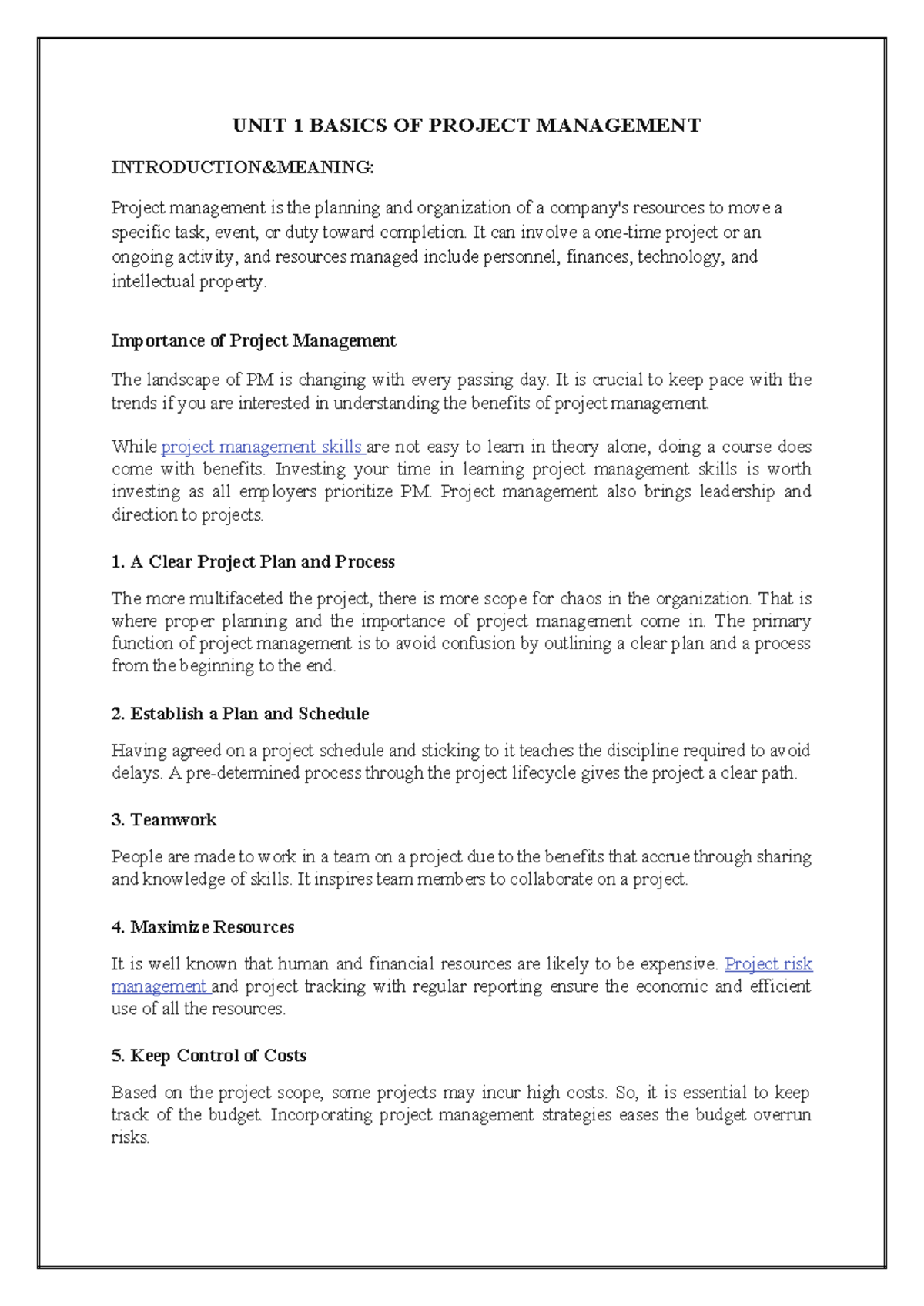Project Management - test - UNIT 1 BASICS OF PROJECT MANAGEMENT ...