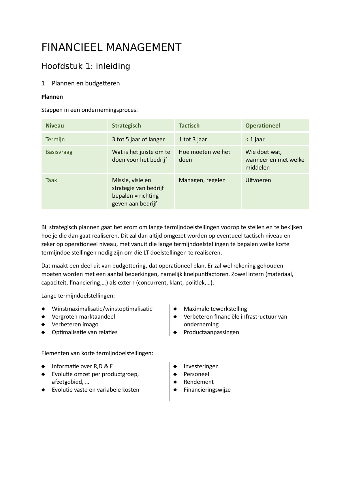 Financieel Management Theorie - FINANCIEEL MANAGEMENT Hoofdstuk 1 ...