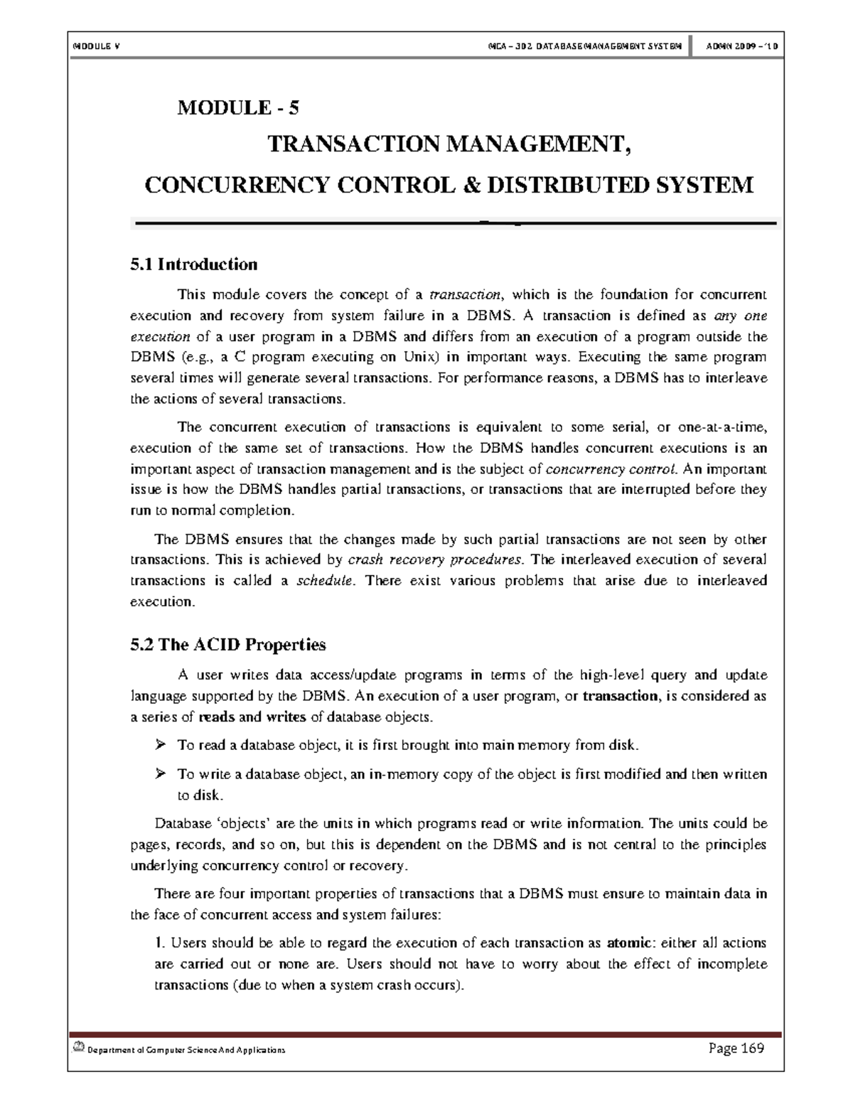 Module 5 - MODULE - 5 TRANSACTION MANAGEMENT, CONCURRENCY CONTROL ...