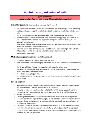 Mod 2 and 3 notes - Module 2: organisation of cells Types of organisms ...