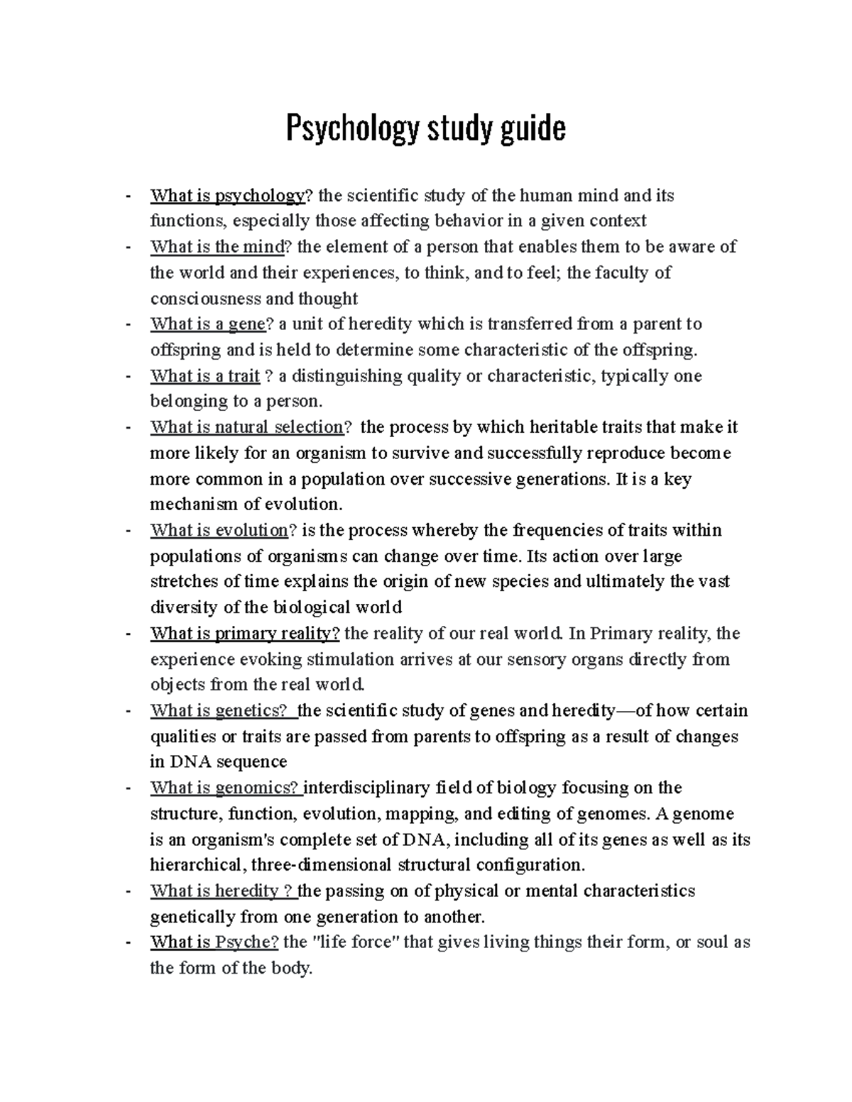 Psychology study guide - Psychology study guide What is psychology?the ...