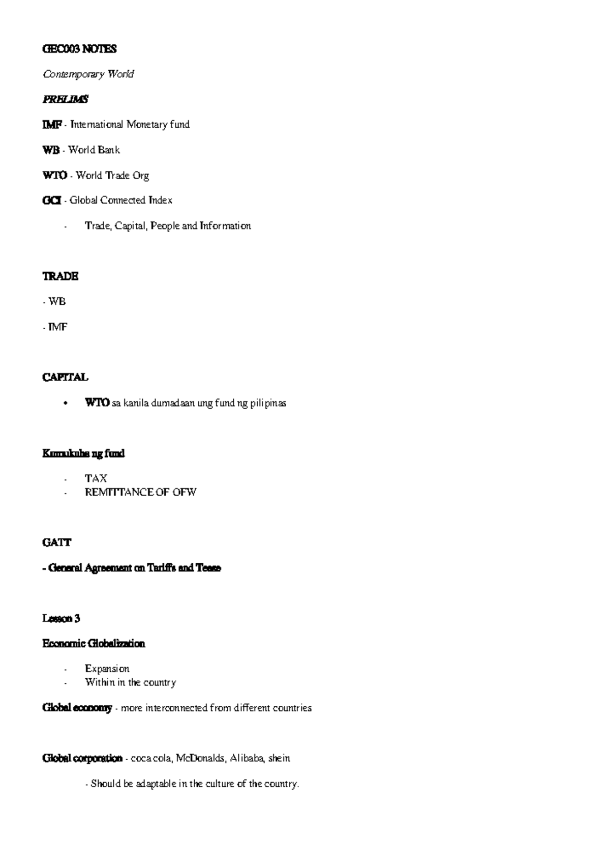 GEC003 Notes - great - GEC003 NOTES Contemporary World PRELIMS IMF ...