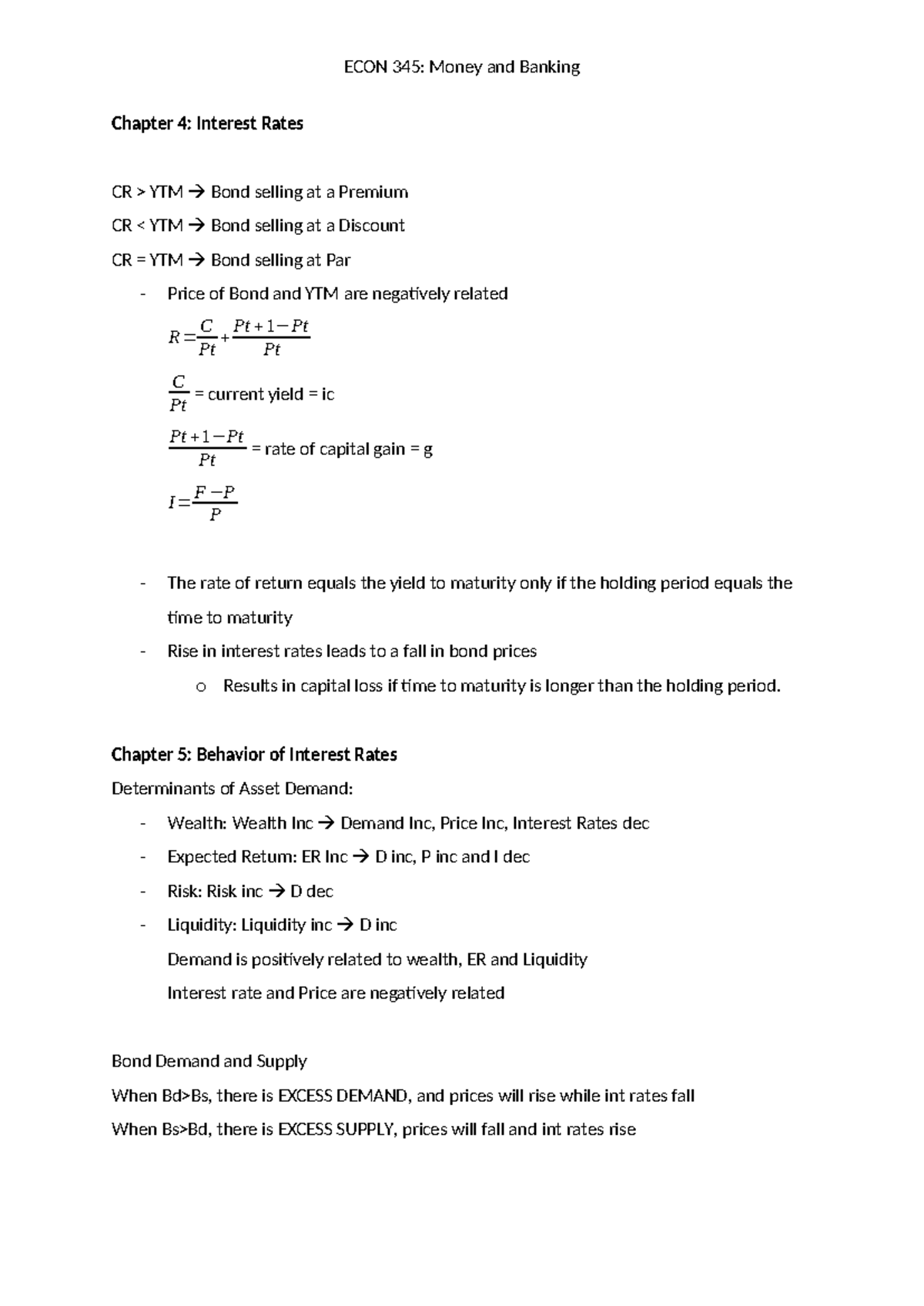 ECON 345 Notes - ECON 345: Money and Banking Chapter 4: Interest Rates ...