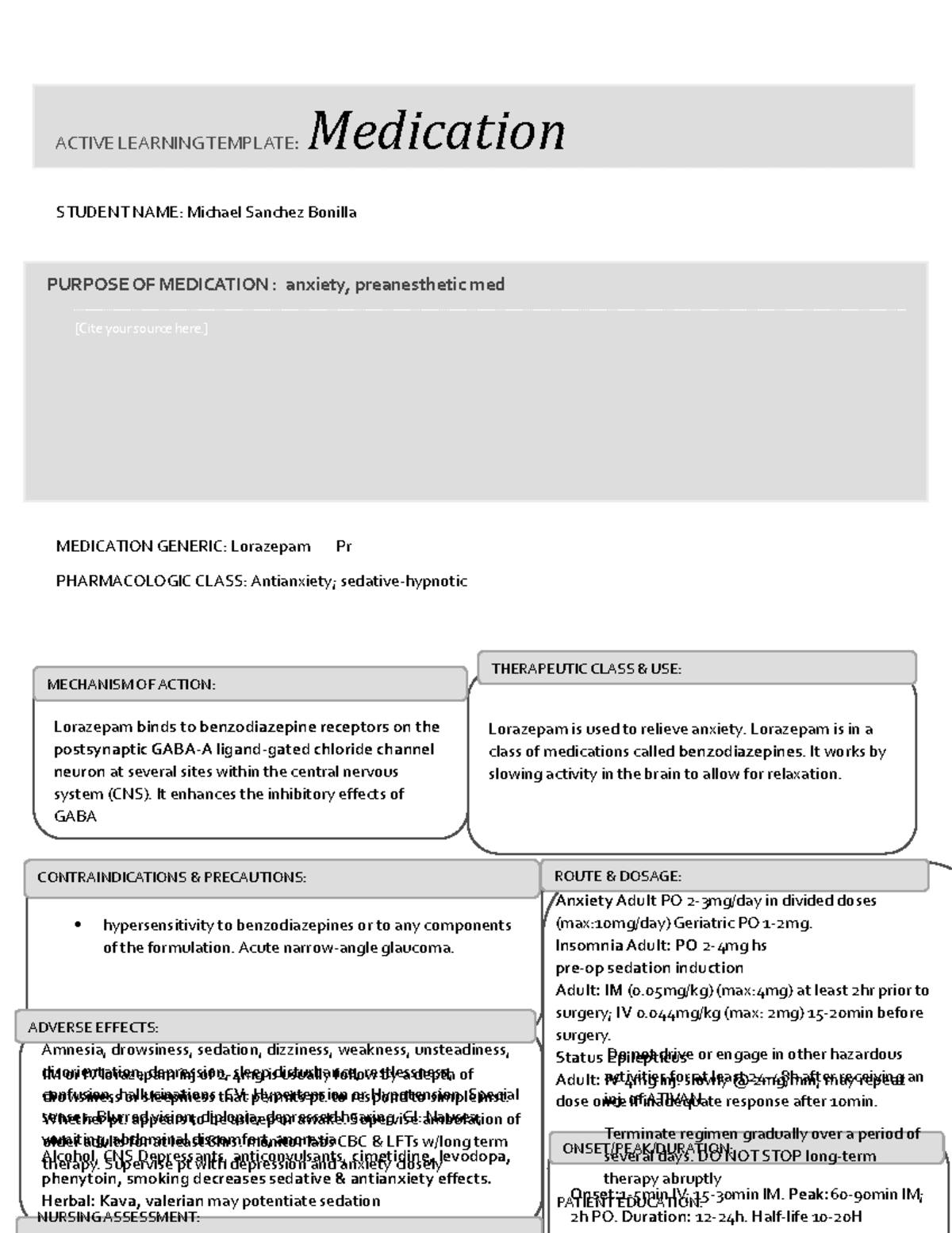 Ativan drug guide level two lorazepam STUDENT NAME Michael Sanchez Bonilla MEDICATION GENERIC