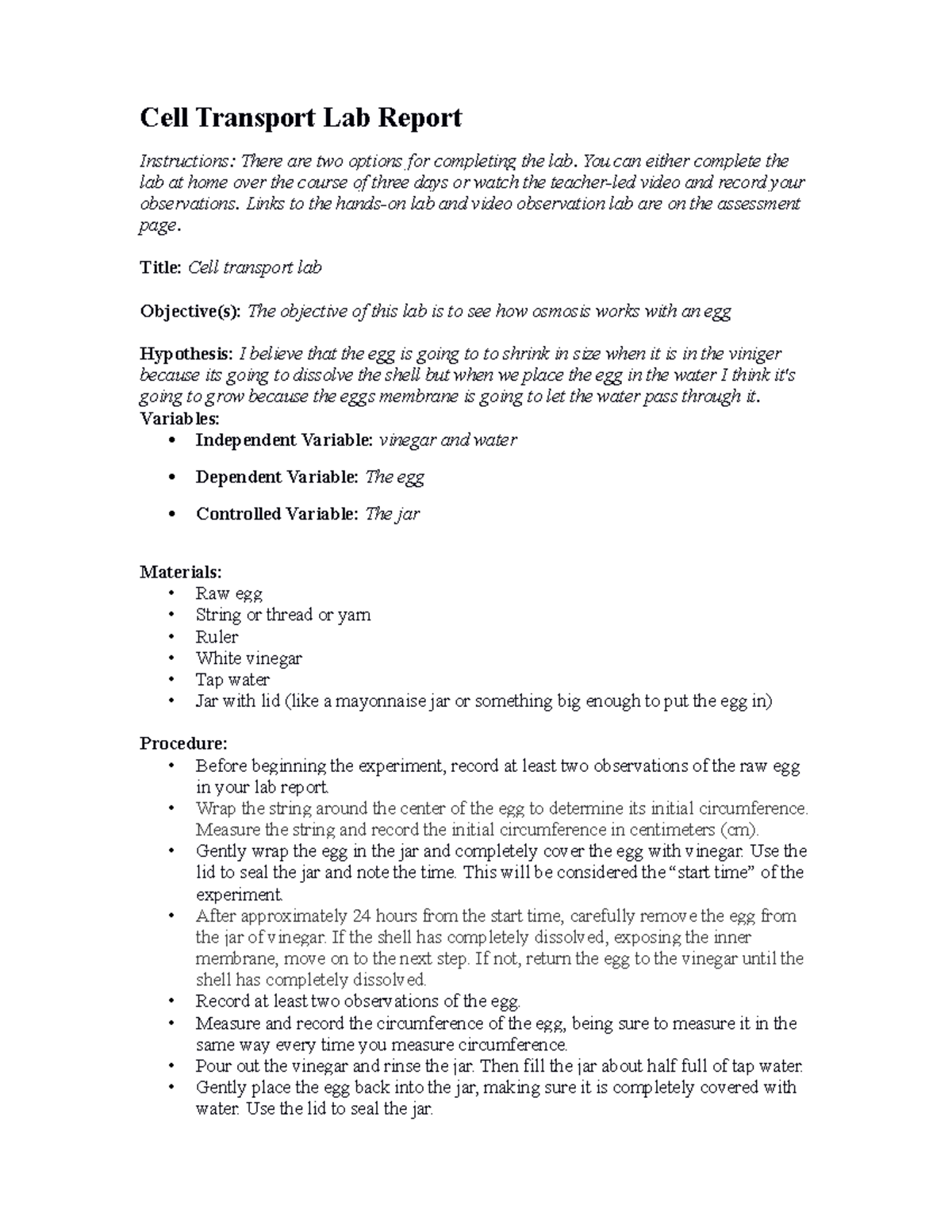 02 04 cell transport lab report Cell Transport Lab Report