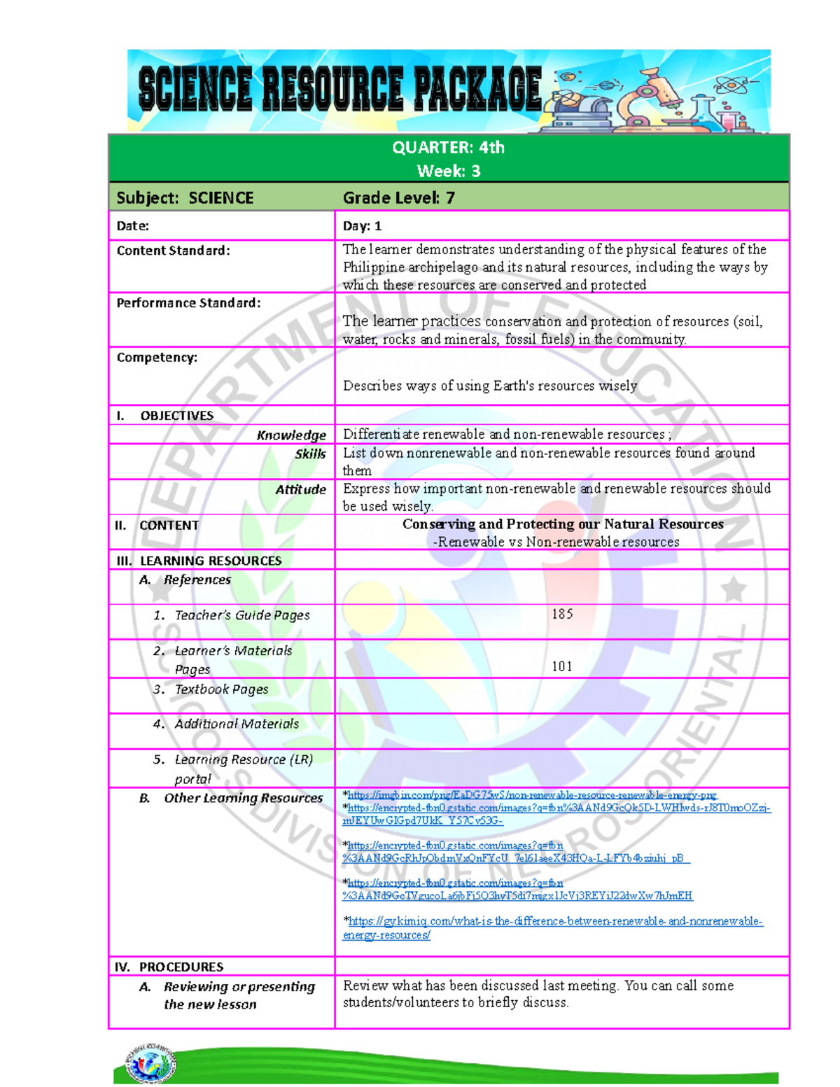 DLP SCI 7 4QTR W3 D1 - Lesson Plan For Science 7. - Prepared By: BERNA ...