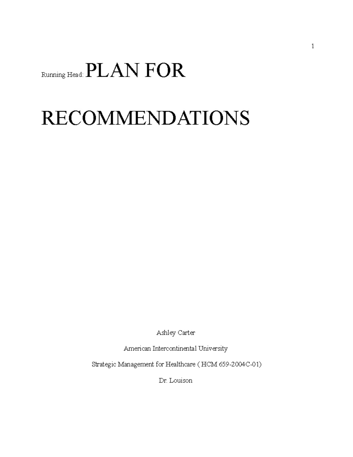 Plan for 2020 1 Running Head PLAN FOR