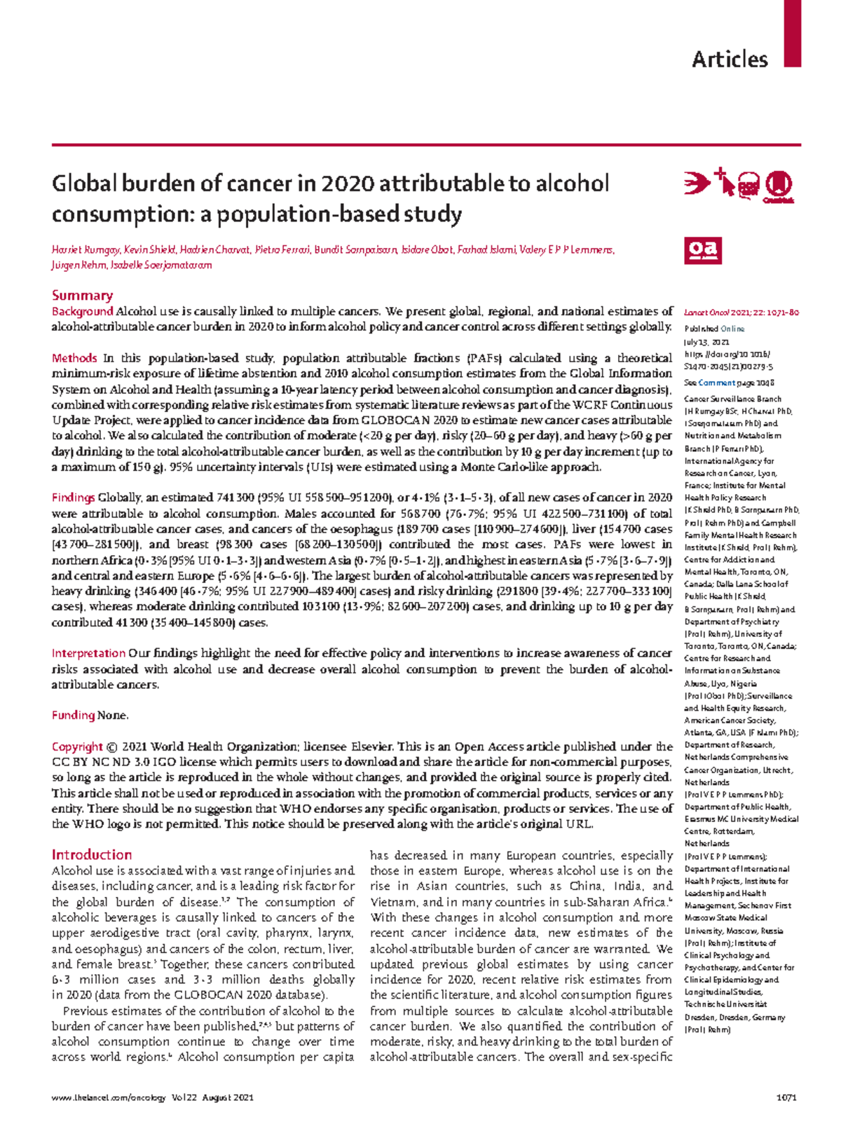 Alcohol lancet cancer Lancet Oncol 2021; 22 1071 Published Online