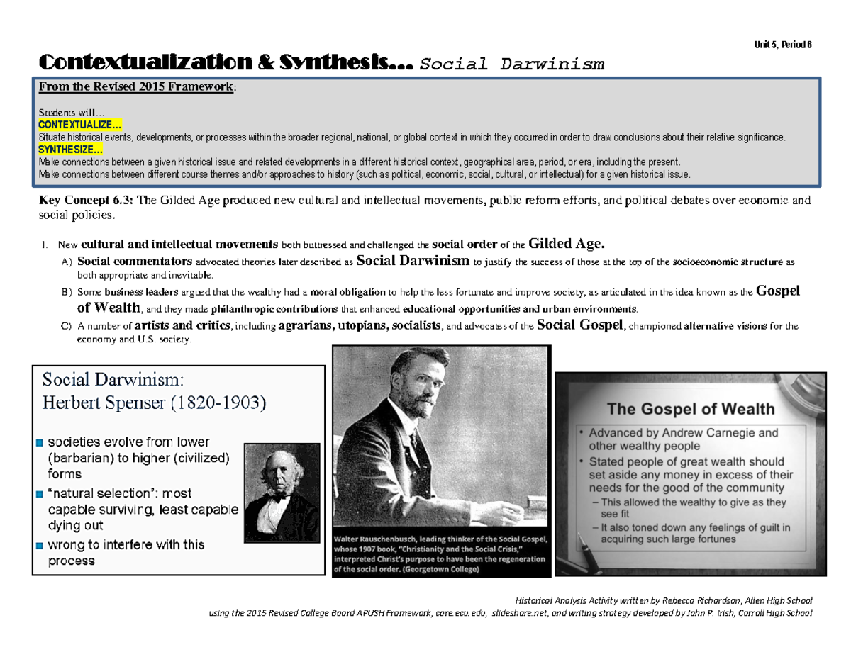 Social Darwinism Unit 5, Period 6 Historical Analysis Activity